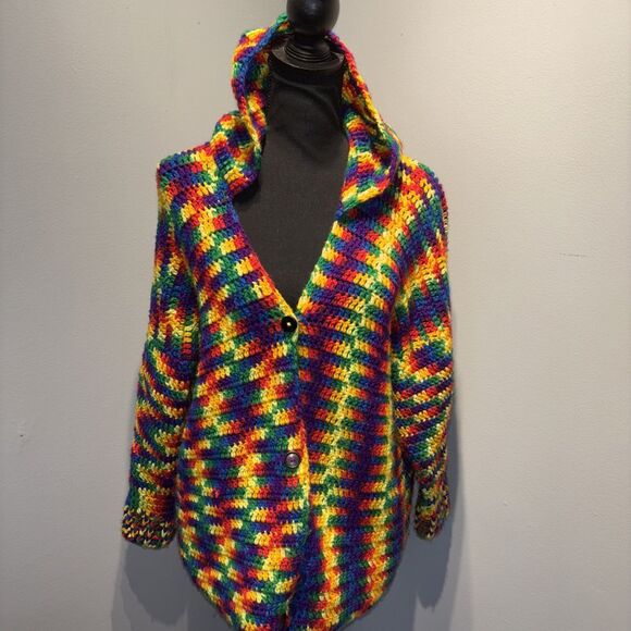 Vtg crochet Cardigan‎ Bold Colors Handmade Hooded Retro Artsy women’s SzM - Picture 1 of 10